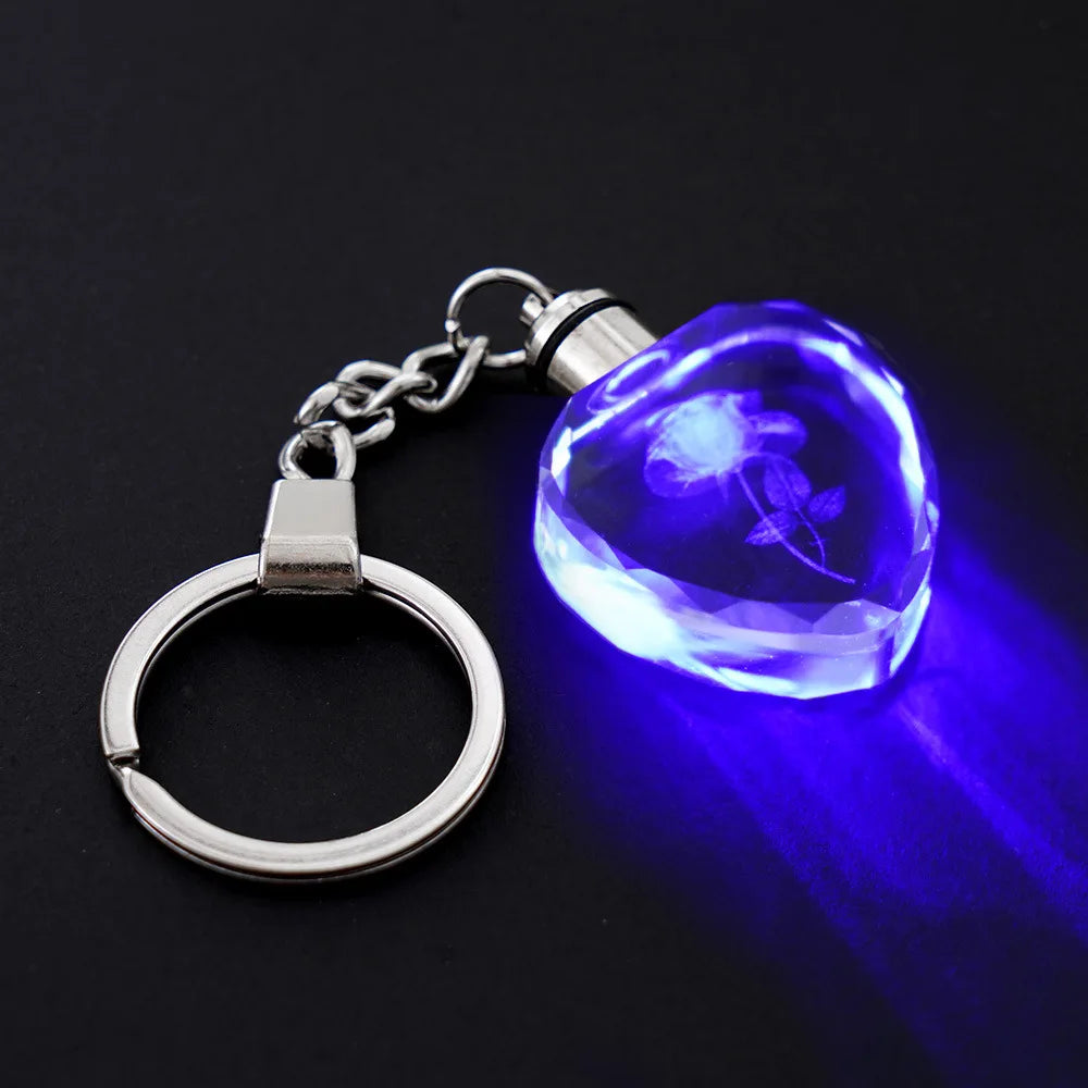 Fashion Colorful Fairy Rose Flower Pattern Love Shape Crystal Rhinestone LED Light keychain Lover Key Chain Keyring Jewelry Blue