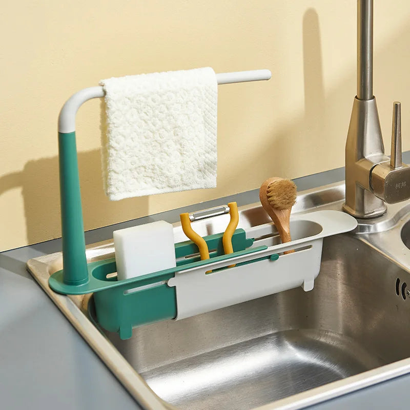 Telescopic Sink Organiser with Basket and Dishcloth Rail