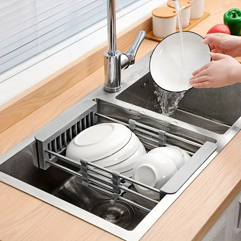 1pc Drain Rack, Telescopic Draning Basket, Kitchen Basket, Home Dish Rack, Retractable Sink Shelf, Suitable for Rectangular Sink