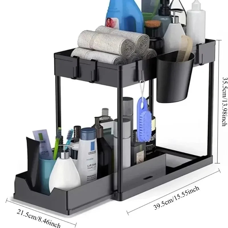 2-Tier Sliding Under Sink Organizer Pull Out Cabinet Storage Basket with Hooks Hanging Cup Kitchen Bathroom Space Saving Rack