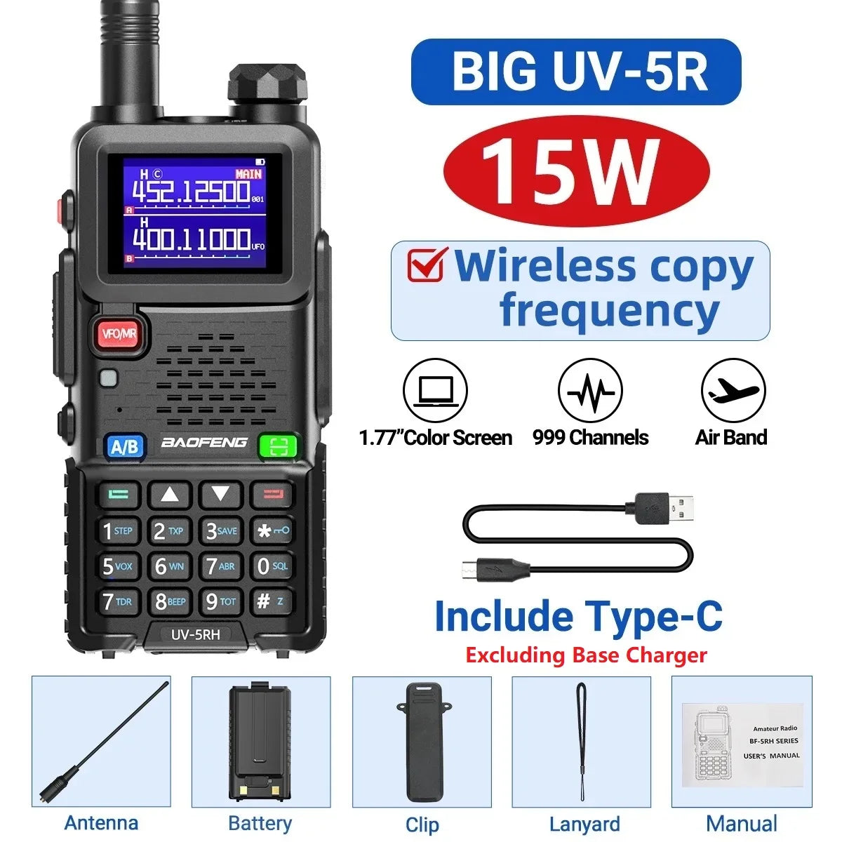Baofeng UV-5RH 10W Walkie Talkie Long Range Ham Radio Type-C Charging Air Band Two-Way Wireless Transceiver - Dicrodelights