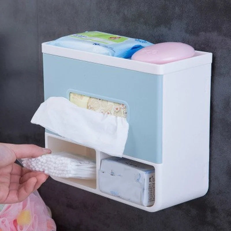 Wall-Mounted Tissue Box with Shelf and Storage Compartments