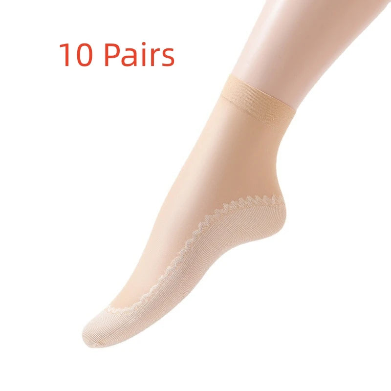 1/10Pairs Womens Anti-Slip Cotton Sock Thin Socks Casual Non-Slip Bottom Splice Spring-Autumn Transparent Ladies Breathable Sock Skin-10Pairs One Size