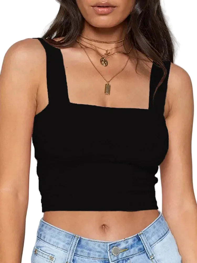 Women Backless Crop Top – Sleeveless Square Neck Tank Black