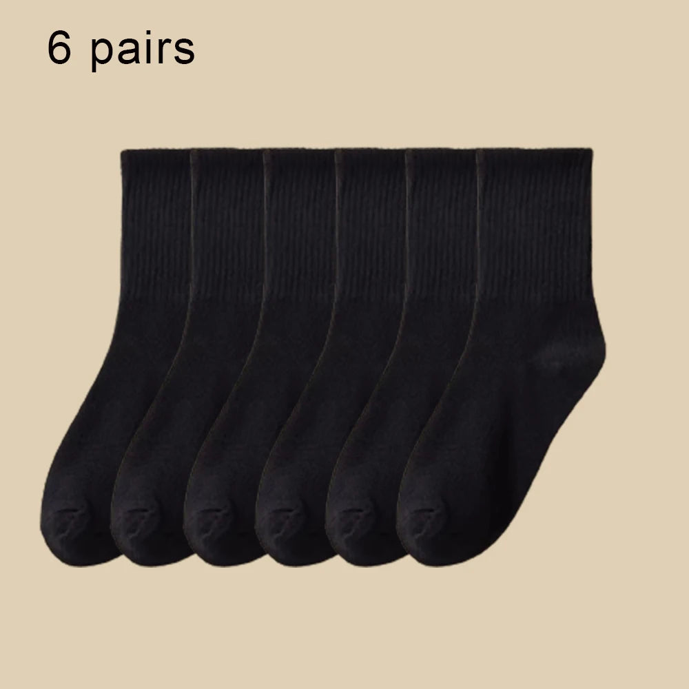 1/6 Pairs Women Mid-Tube Socks Solid Colour Autumn Winter Breathable Comfortable Sport Sweat Absorbent Man And Women's Socks 6 Pairs Black B One Size