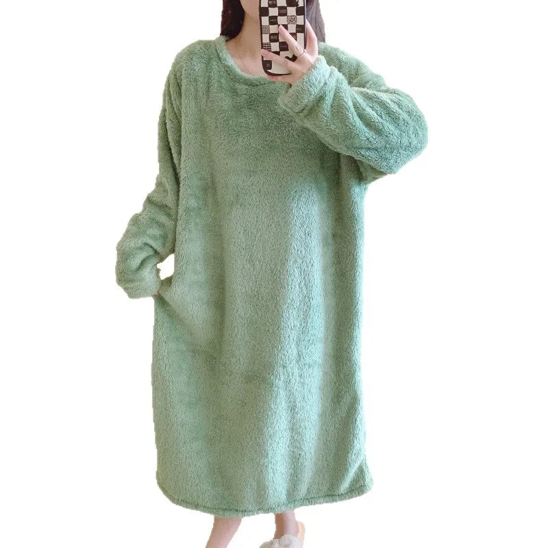 Warm Fleece Nightgown Women's Loose Comfortable Home Clothes plus Size Solid Color Simple Design Sleepwear Casual Outerwear