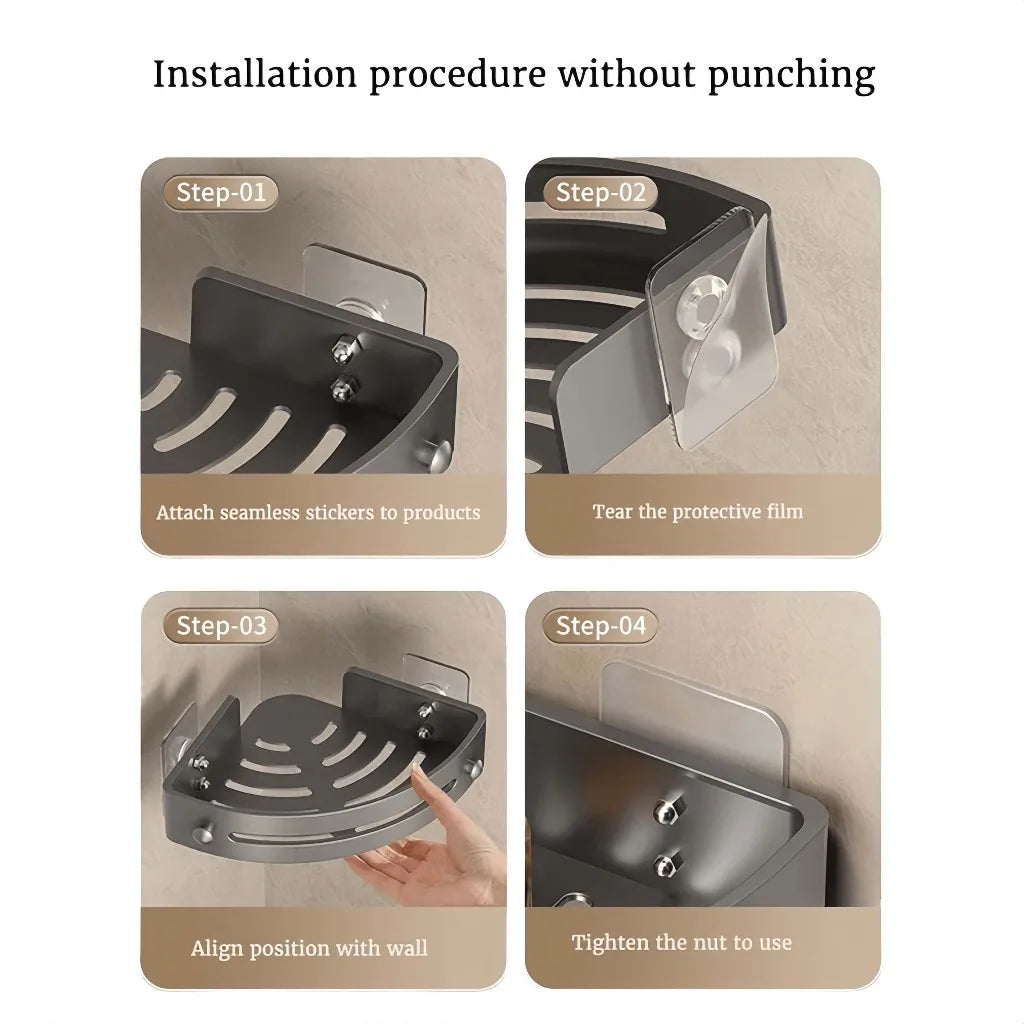 Black No Drill Corner Shower Shelves with Drainage and Hooks