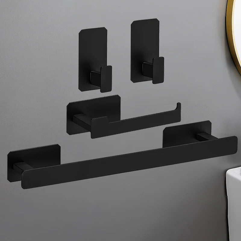 No Drilling Matte Black Bright Sliver Stainless Steel Towel Bar Towel Ring Roll Paper Holder Robe Hook Bathroom Accessories Set Black 4pcs Set B