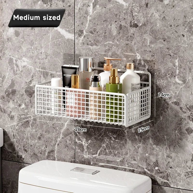 Bathroom Organiser Multifunctional Toiletries Organiser No-Punch Bathroom Shelf Bathroom Kitchen Wall Mount Storage Rack M-White