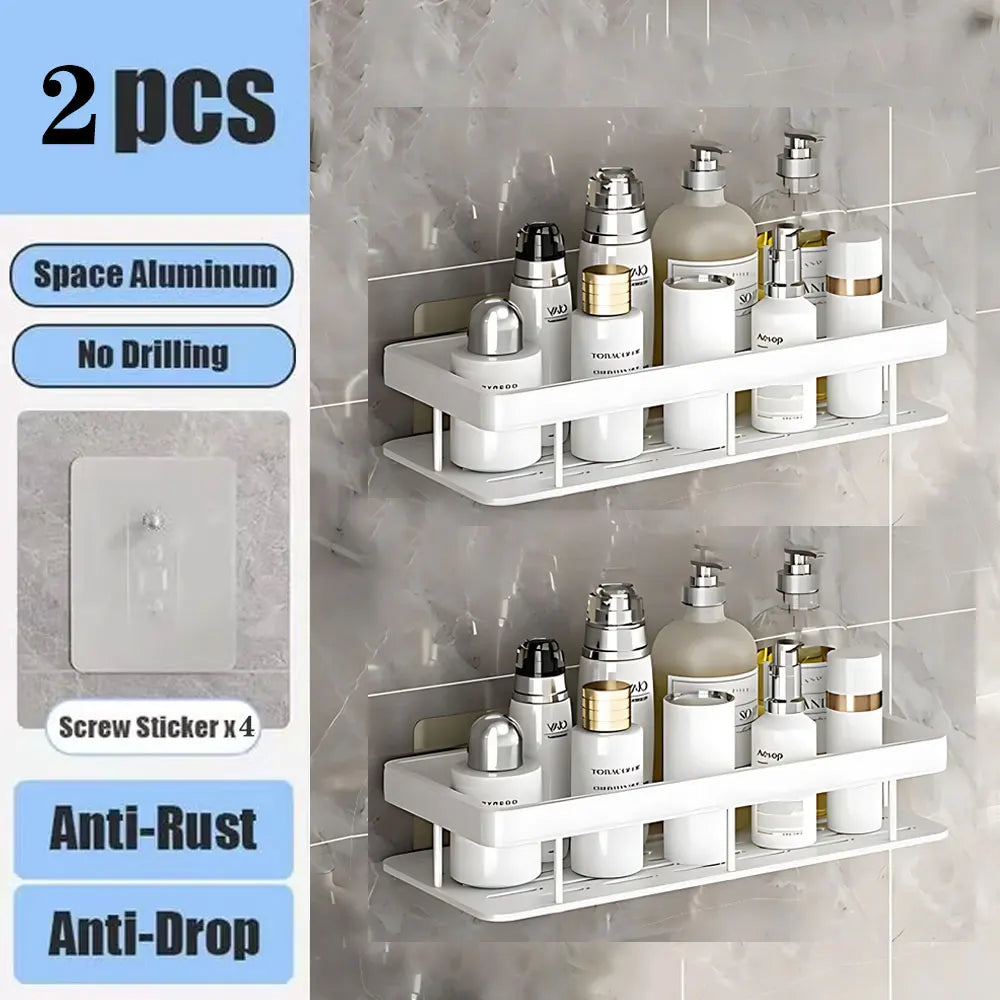 Bathroom Shelf No Drill Wall Mounted Shampoo Bottle Shower Corner Rack Toilet Storage Rack Aluminum Bathroom Kitchen Accessories white 2pcs