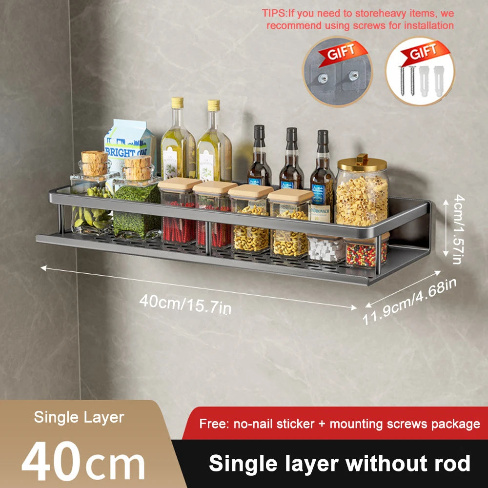 Wall-Mounted Kitchen Spice Rack Organizer Carbon Steel No Drilling 12-20 Inch Seasoning Holder Shelf for Easy Access to Spices 40cm