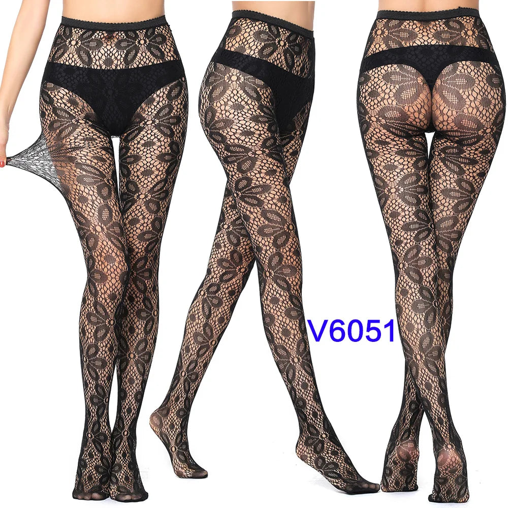Women Sexy Fishnet Tights Jacquard Weave Seamless Pantyhose Yarns Garter Grid Fish Net Stockings Black Spider Gothic Lace Tights V6051 One Size