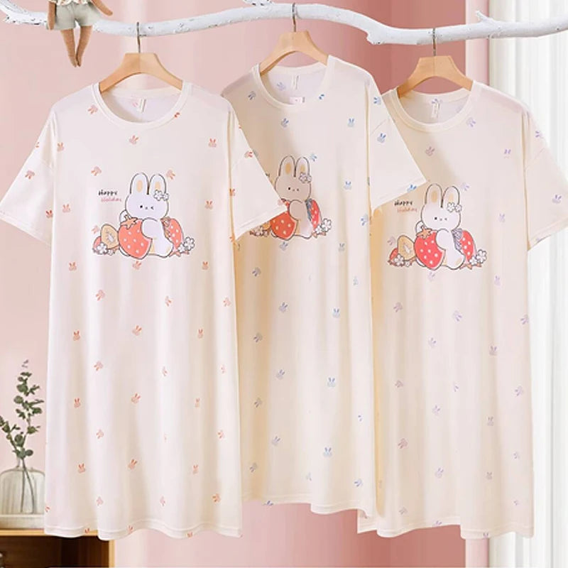 Cotton Fabric Pajamas Dress Women Comfortable Nightdress Loose Cute Long Skirt Cartoon Thin Student Sweet Cartoon Bear Sleepwear Onesize