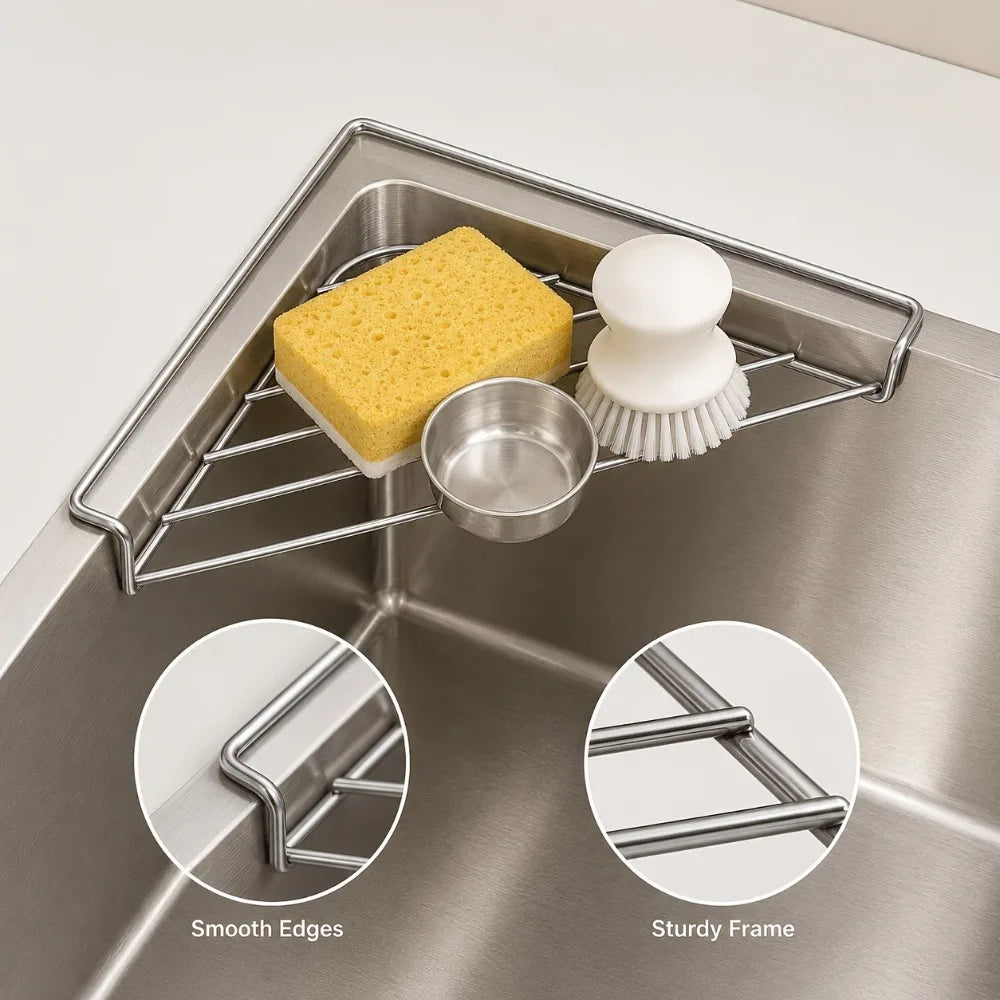 1pcs Stainless Steel Sink Caddy Triangle Corner Storage Rack Sponge Dish Cloth Holder Drainer No Drill RV Kitchen Accessories