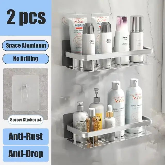 Bathroom Shelf No Drill Wall Mounted Shampoo Bottle Shower Corner Rack Toilet Storage Rack Aluminum Bathroom Kitchen Accessories silver 2pcs