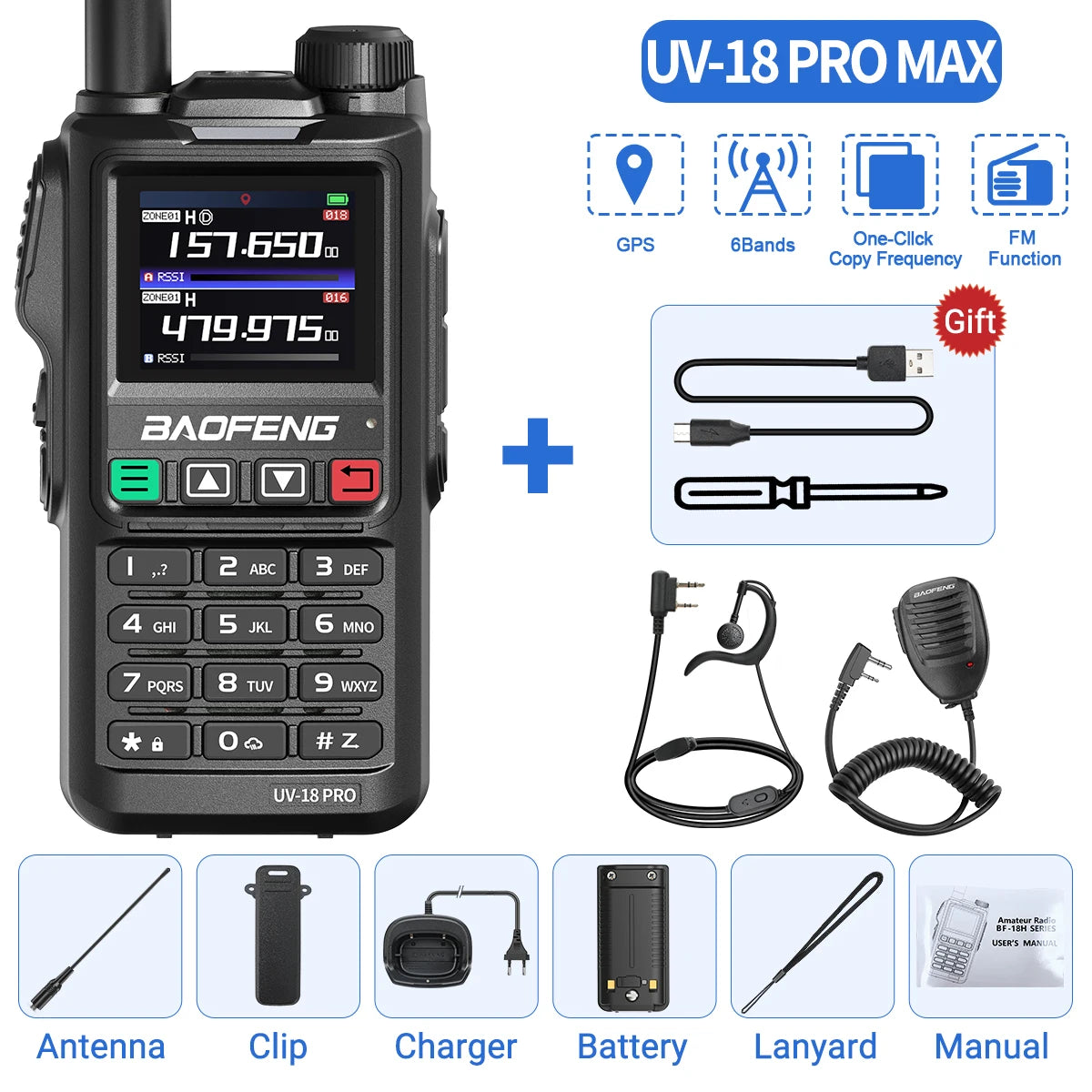 Baofeng UV18 PRO MAX GPS Walkie Talkie, 10W, Long Range, Type-C, Six-Band, Wireless Frequency, Ham Radio for Hunting - Dicrodelights