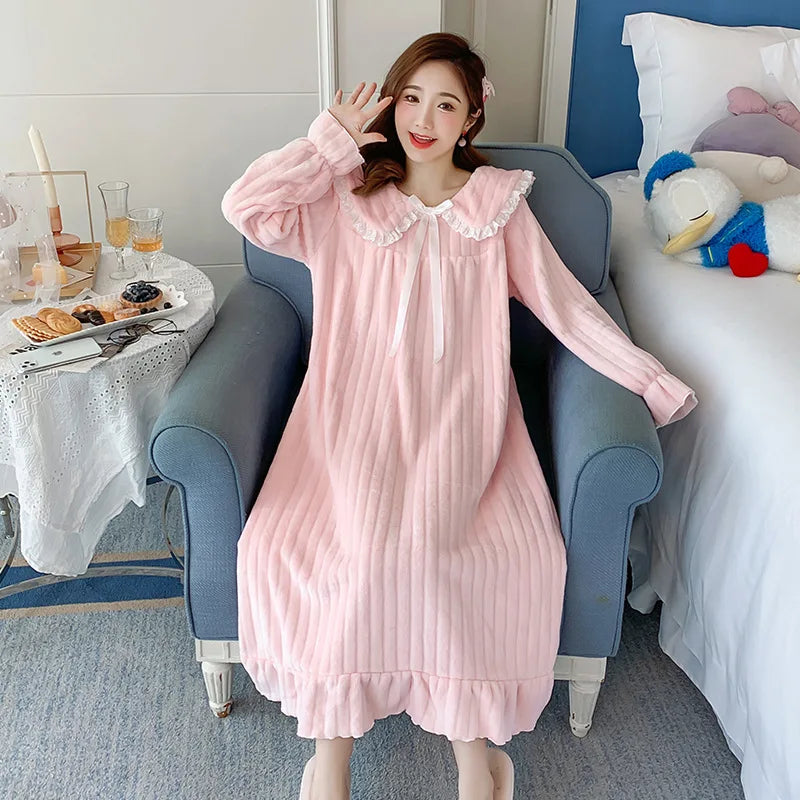 Womens Nightwear Nightdress Flannel Thickened Solid Colour Nightgown Doll Collar Student Warm Coral Velvet Ruffle Dress Robes Se