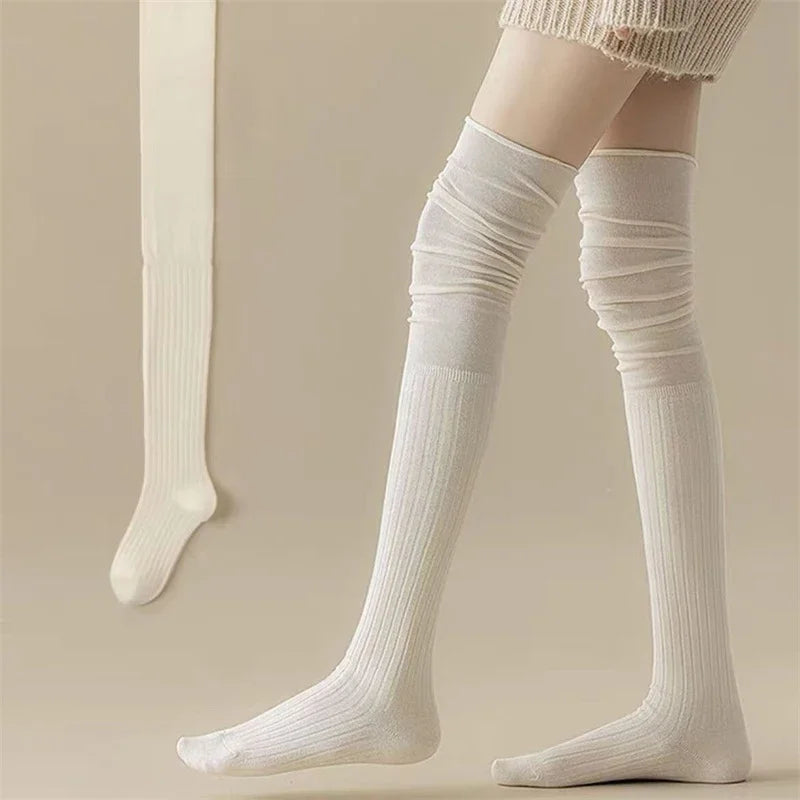 1/3/5 Pairs Knee High Socks Thin Long Stacked Socks Women's High Solid Colour Patchwork Socks High Elasticity Stockings Beige