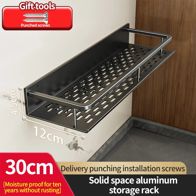 Aluminum Kitchen Rack Kitchen Shelf Toilet Storage No Drill Hanging Rack Bathroom Organizer Hang on the Wall Kitchen black 30cm