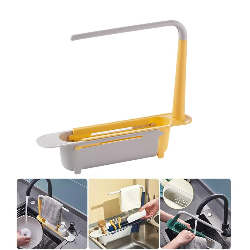 Telescopic Sink Organiser with Basket and Dishcloth Rail Yellow