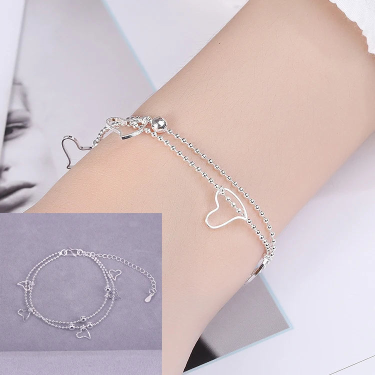 VENTFILLE 925 Sterling Silver Double Love Heart Hollow Round Beads Bracelet Female Fashion Romantic Jewelry Classic Adjustable 9097