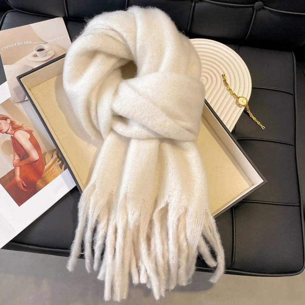 Women's Cashmere Winter Scarf – Thick Knitted Warm Shawl Large version mohair White]]