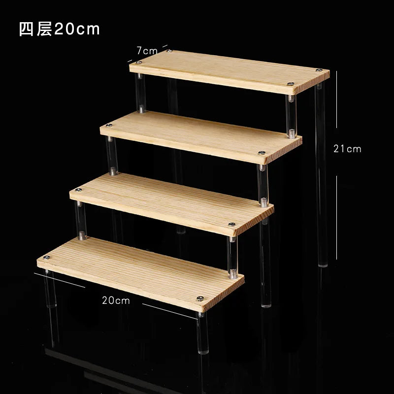 Tiered Display Stand for Figures with Clear or Wood Effect Shelves 4 tier 20x7cm