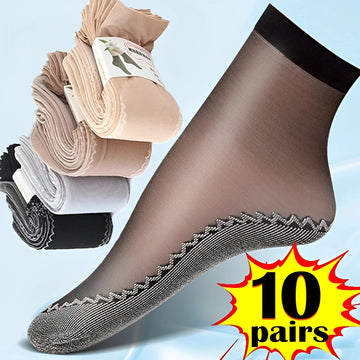1/10Pairs Womens Anti-Slip Cotton Sock Thin Socks Casual Non-Slip Bottom Splice Spring-Autumn Transparent Ladies Breathable Sock