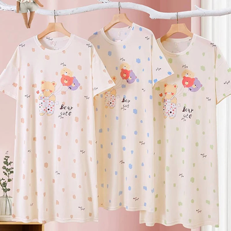 Cotton Fabric Pajamas Dress Women Comfortable Nightdress Loose Cute Long Skirt Cartoon Thin Student Sweet Cartoon Bear Sleepwear Onesize