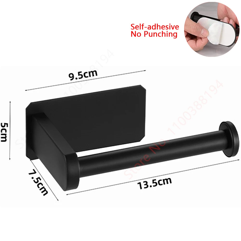 Stainless Steel Wall Mounted Toilet Roll Holder and Hooks self-adhesive black