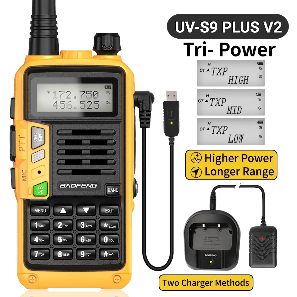 BAOFENG UV-S9 Plus V2 10W Walkie Talkie - 16 KM Long Range, Dual Band Transceiver with USB Charger, Waterproof - Dicrodelights