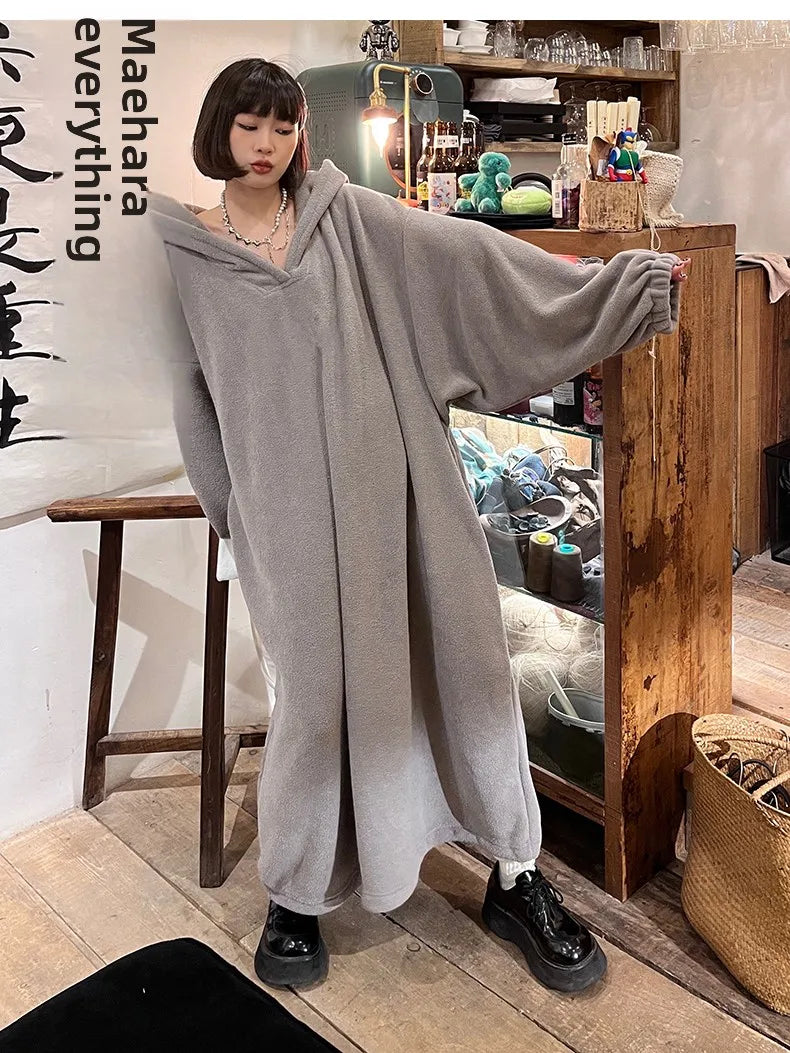 Ins Winter Thiened Coral Fce Pajamas Women's Spwear Hooded Fluffy Warm Nightgown Robe Long Sve Mid-Length Home Clo...
