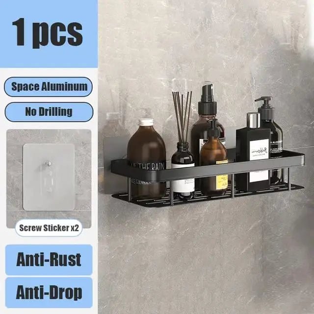 Bathroom Shelf No Drill Wall Mounted Shampoo Bottle Shower Corner Rack Toilet Storage Rack Aluminum Bathroom Kitchen Accessories blcak 1pc