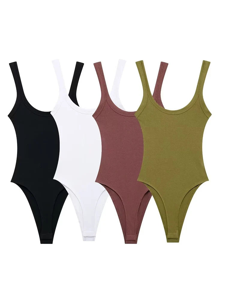 Women's Skinny Ribbed O-Neck Bodysuits with Straps Snap-Button Sexy Fashion Playsuits Comfortable Stretchy Female Clothing brick-red