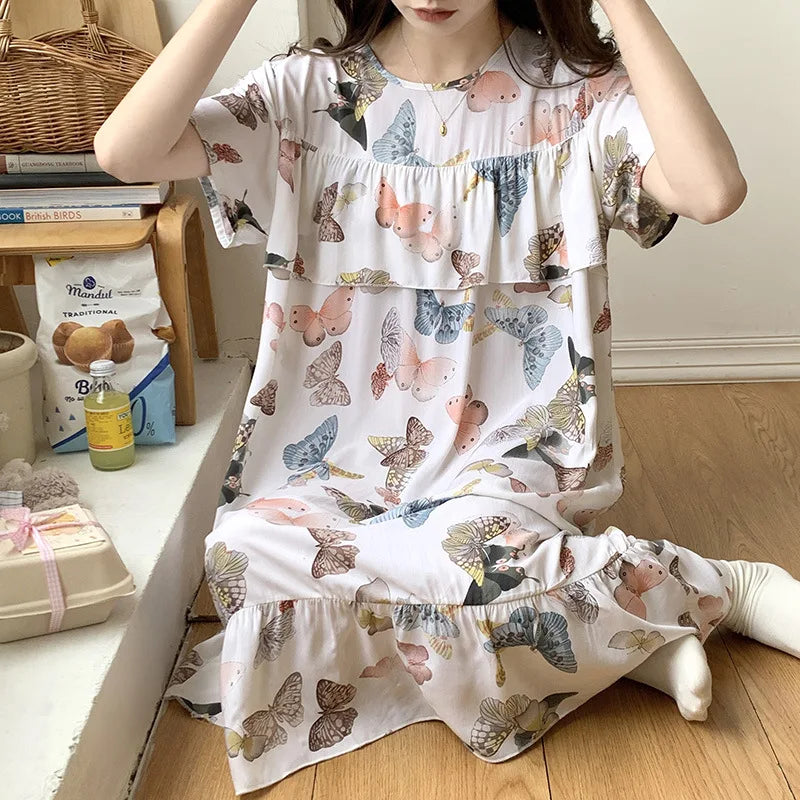 Sexy Nightwear Women Icy Floral Pattern Women Pajamas Dress Butterfly Print Student Sleepwear O- Neck Lace Mid-Length Nightgown Blue Average(45-72.5kg)
