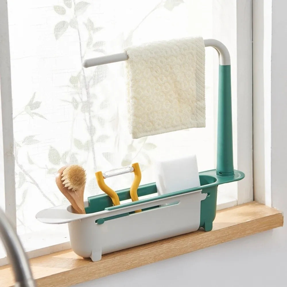 Extendable Sink Caddy with Raised Rail for Dishcloths