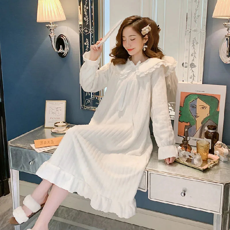 Womens Nightwear Nightdress Flannel Thickened Solid Colour Nightgown Doll Collar Student Warm Coral Velvet Ruffle Dress Robes Se White