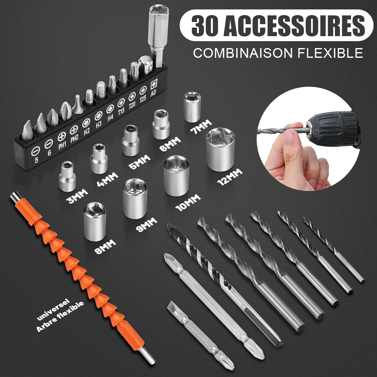 Gisam 25+3 Torque Electric Impact Screwdriver Multifunctional Cordless Drill Power Tool Setting 2 Gear Speed with 2 Batteries