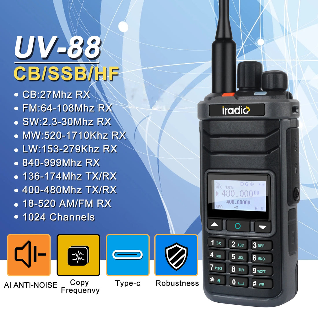Iradio UV-88 Multi Band Ham Radio HF UHF VHF Walkie Talkie AM USB LSB CW CB LW MW SW SSB RX 1024Ch USB-C Battery RT-860 Variant