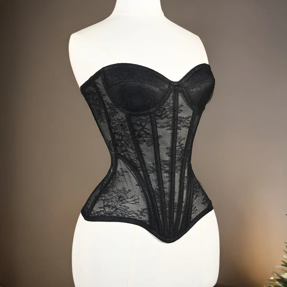 Women Fancy Corset Busiter Overbust Cups Push Breast Floral Lace Bodice Sext Tansparent Strapless Crop Tops Lace Up Steel Boned black