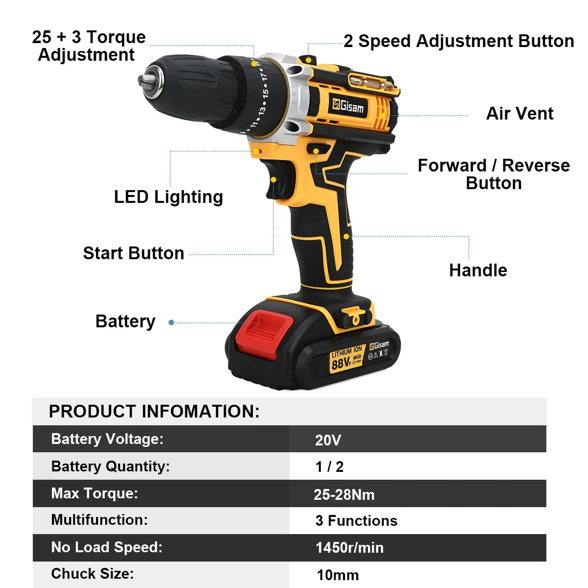 Gisam 25+3 Torque Electric Impact Screwdriver Multifunctional Cordless Drill Power Tool Setting 2 Gear Speed with 2 Batteries