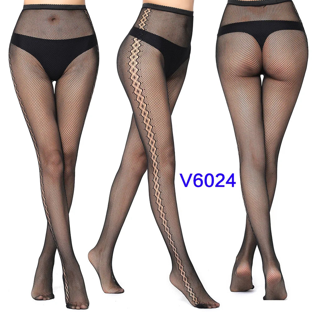 Women Sexy Fishnet Tights Jacquard Weave Seamless Pantyhose Yarns Garter Grid Fish Net Stockings Black Spider Gothic Lace Tights V6024 One Size