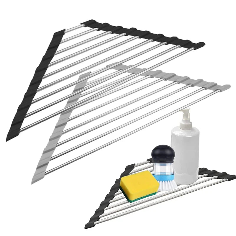 Roll-Up Corner Sink Rack for Draining and Kitchen Storage