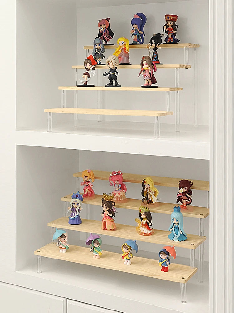 Tiered Display Stand for Figures with Clear or Wood Effect Shelves