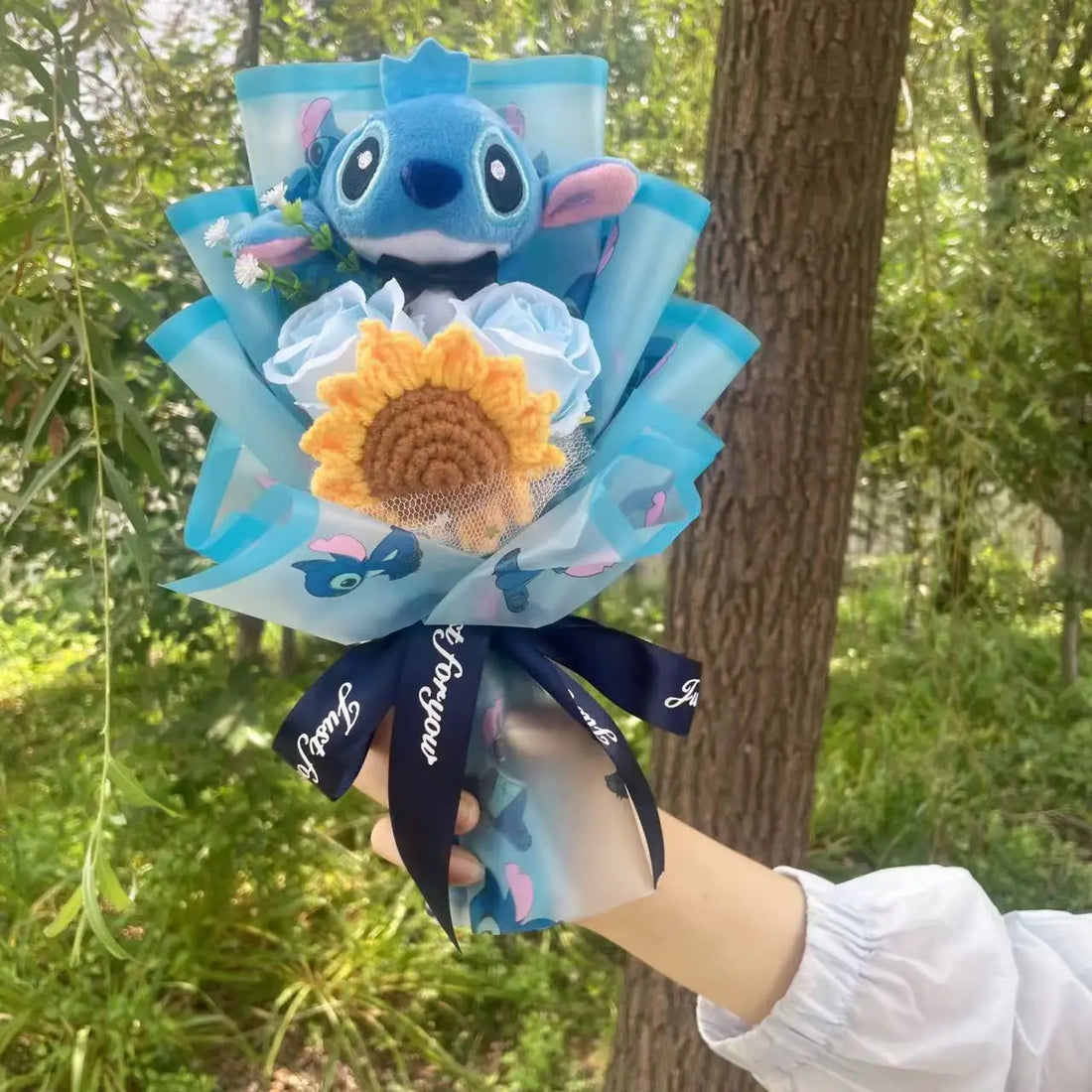 Catoon Stich Plush Doll Toy With Flowers Creative Handmade Bouquet Valentine Christmas Graduation Gift For Kids 5-28cm-2pcs