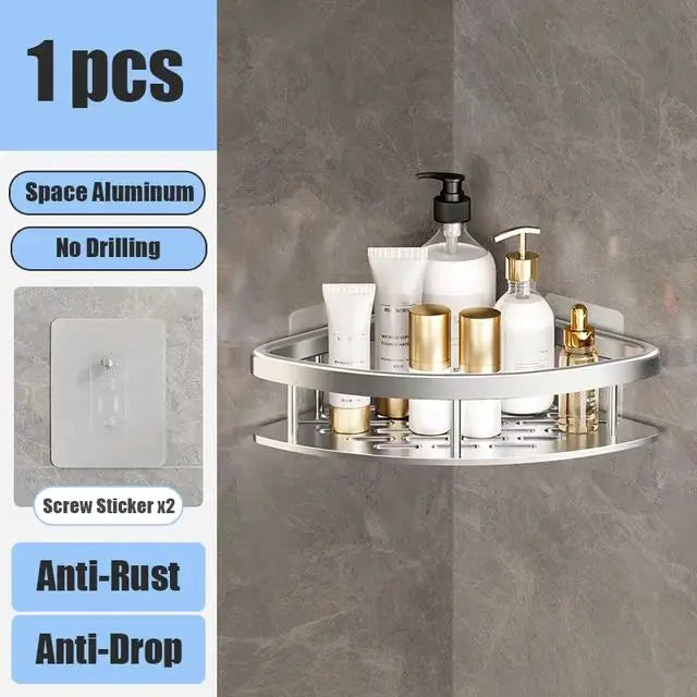 Bathroom Shelf No Drill Wall Mounted Shampoo Bottle Shower Corner Rack Toilet Storage Rack Aluminum Bathroom Kitchen Accessories silver Triangle 1pc