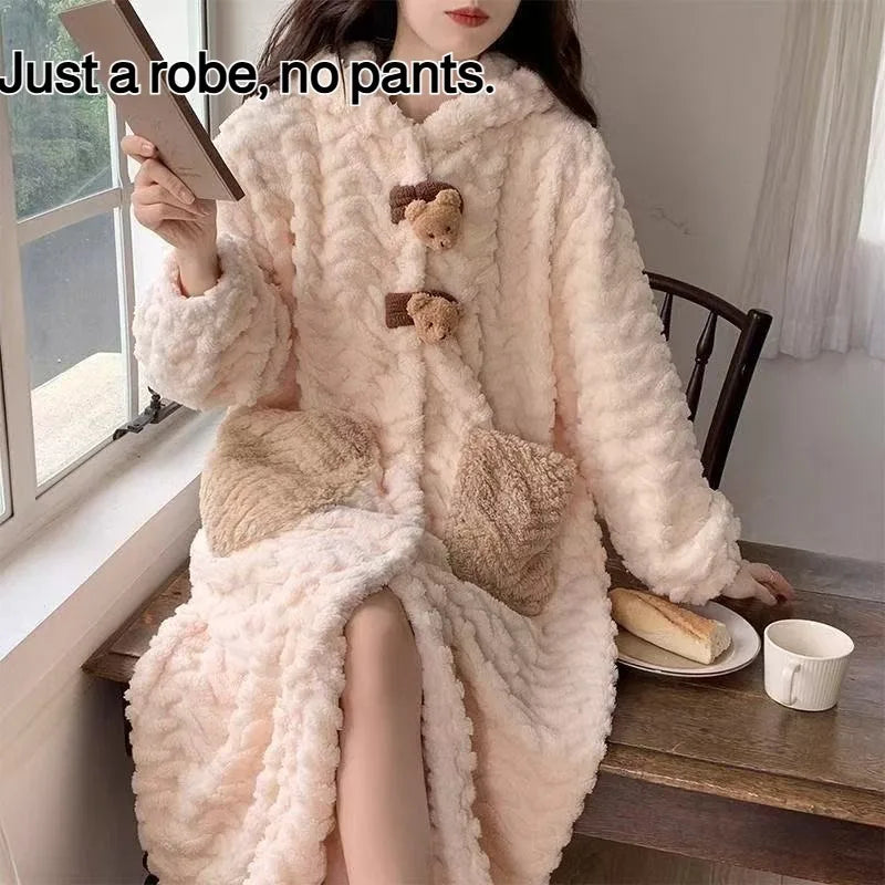Women's Plush Hooded Pajama Dress Thickened Fleece Long Sleeve Nightgown Robe Winter Loungewear Home Bathroom Robe No Pants Bear head