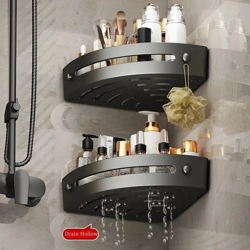 No Drill Corner Shower Caddy with Drainage and Side Hooks