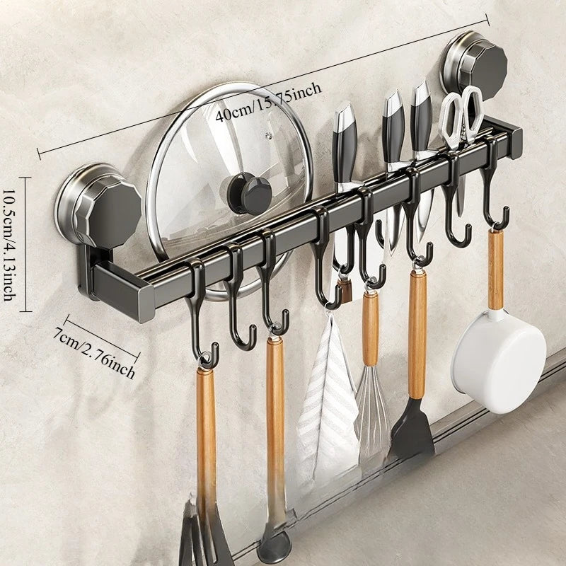 Aluminum Kitchen Organizer Hook Wall Mounted Double Pole Spatula Storage Rack 50/60/40/30cm Non Punching Pot Lid Rack Grey 40cm 8 hooks