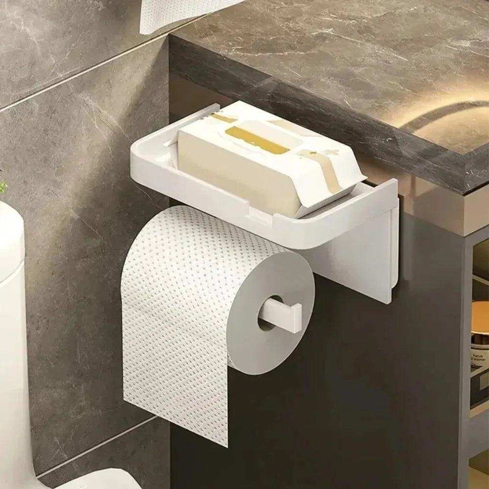 Plastic Adhesive Toilet Roll Holder with Phone Storage Shelf